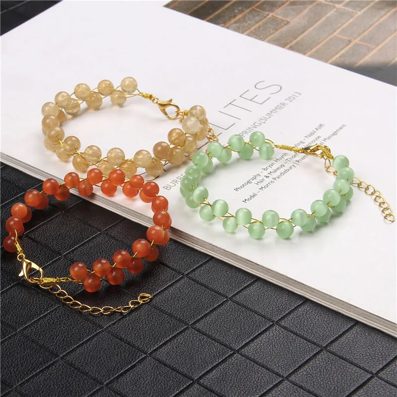 

Handmade 6mm Green Cat Eye Stone Braided Yoga Bracelet Bangles Metal Gold Chain Charm Bracelets Energy Jewelry for Women Gifts