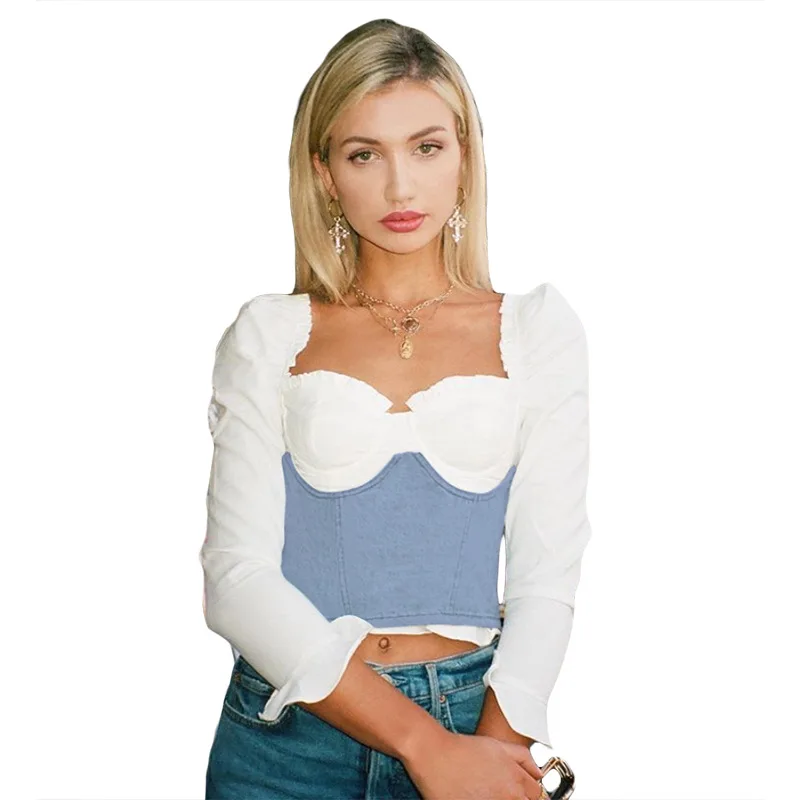 

Женский топ с квадратным вырезом, осенняя Повседневная белая футболка в стиле пэчворк, элегантная офисная уличная футболка, 2020