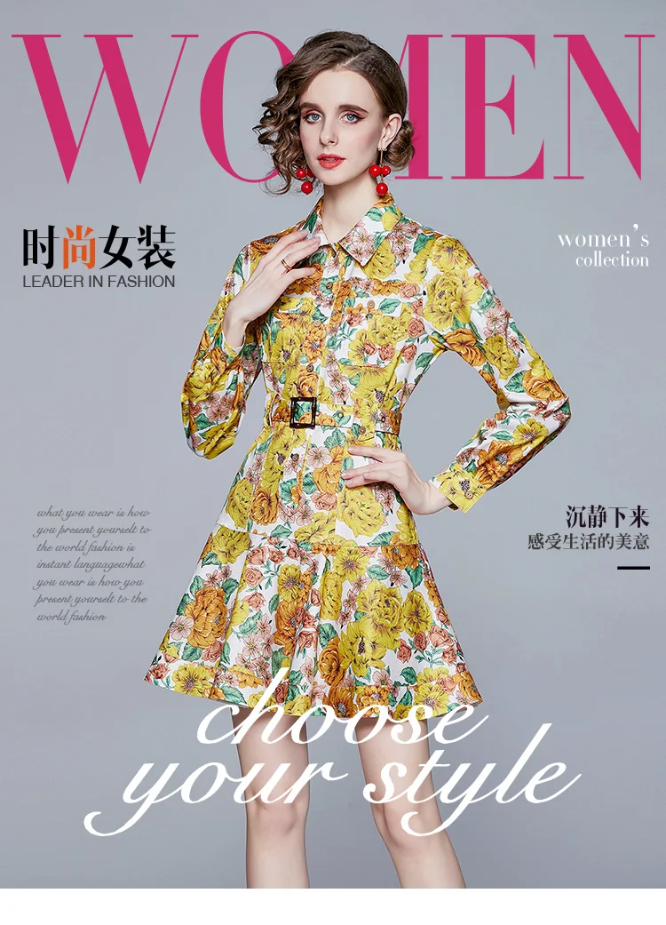

2021 New Women Dresses Office Lady A-Line Print Full Sashes Above Knee Mini Dresses Cotton Women Party Elegant Spring Dresses