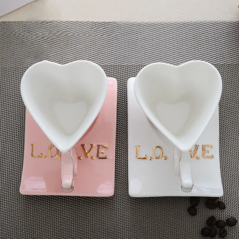 Cup Bone China Ceramic heart cup creative couple set coffee with spoon gift pink white | Дом и сад