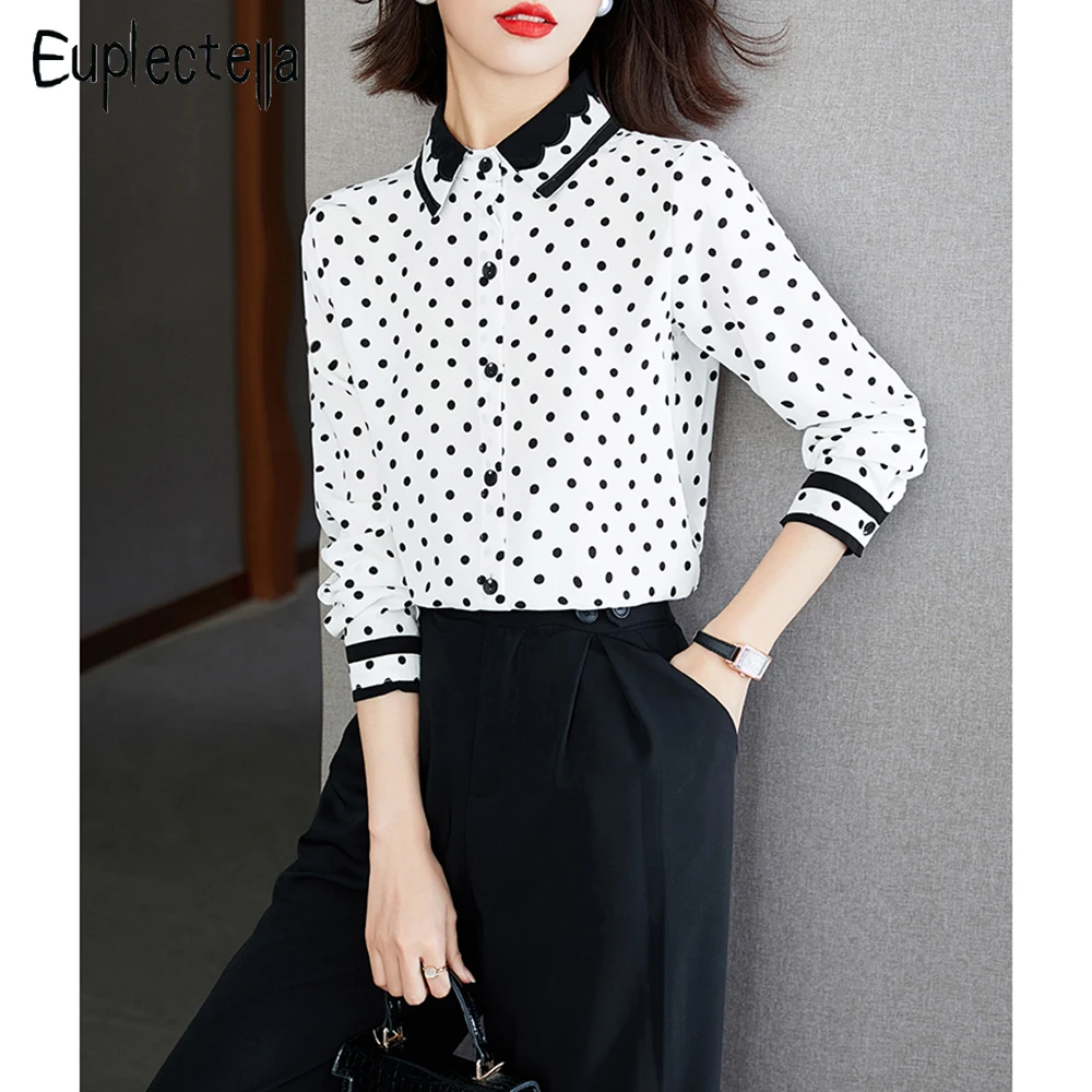 

High Quality 2022 Spring Chiffon Shirts For Women Polka Dot Print Full Sleeve Turn-down Collar Blouses Elegant All-match