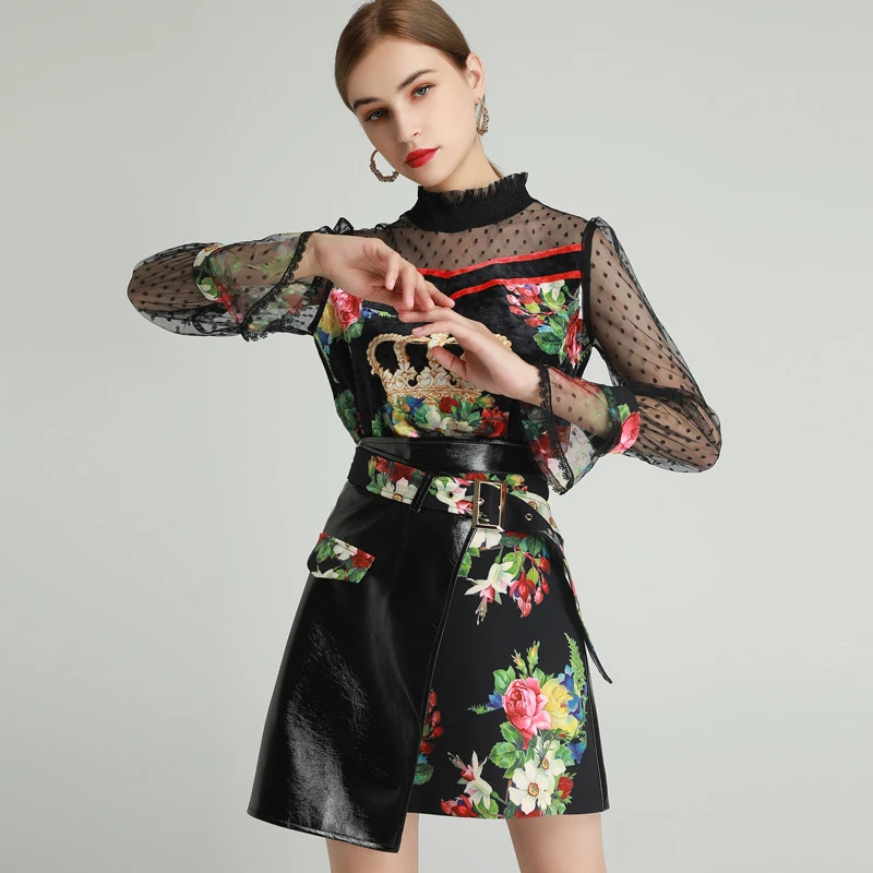 

2020 AUTUMN MESH PATCHWORK PRINT BLOUSE & SKIRT SET