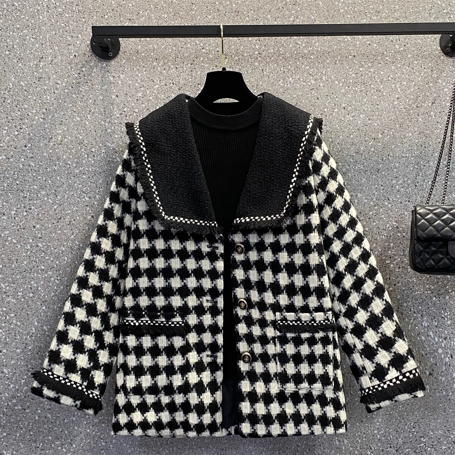 

Women's Coat 2022 Fall/winter New Style Plus Size Women's Houndstooth The Navy Collar Casual Plaid Woolen Coat All-match Coat