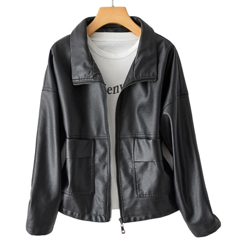 Spring leather coat women turndown collar long sleeve Autumn black faux leather women short jacket tops Women fashion