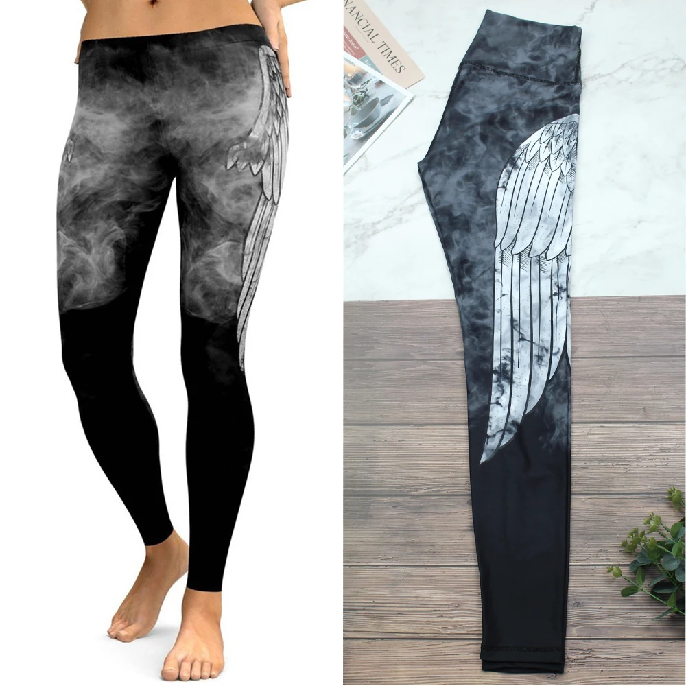 Black &amp White Devil's Wings Women's Fog Smudge Yoga Leggings Fitness Workout Tight Pants | Спорт и развлечения