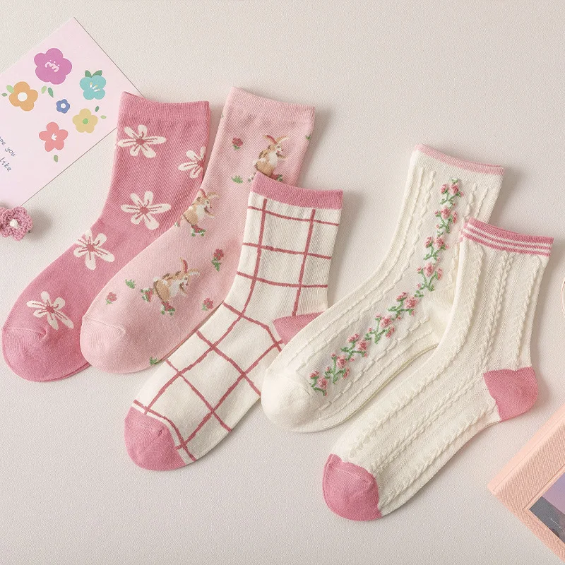 

Socks Female Japanese Cute Cartoon Pink Flower Stockings Korean Version Ins Trendy Tube Women's Socks Manufacturers long socks
