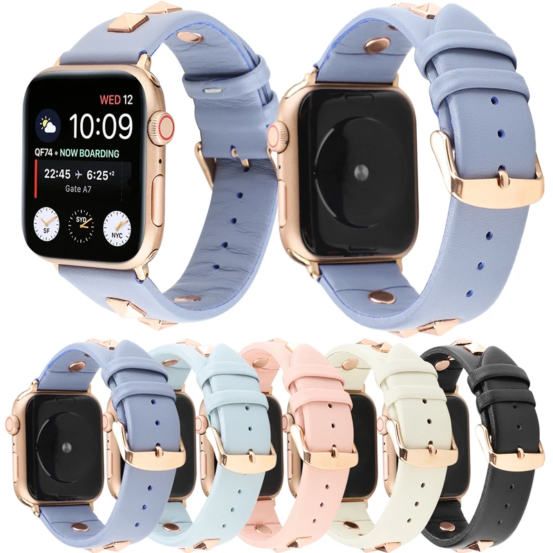 Розовое золото заклепки натуральная кожа ремешок для часов apple wacth 42 мм 38 версия