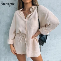 sampic tracksuit women 2020 casual lounge wear shorts set long sleeve blouse tops and high waisted mini shorts two piece set