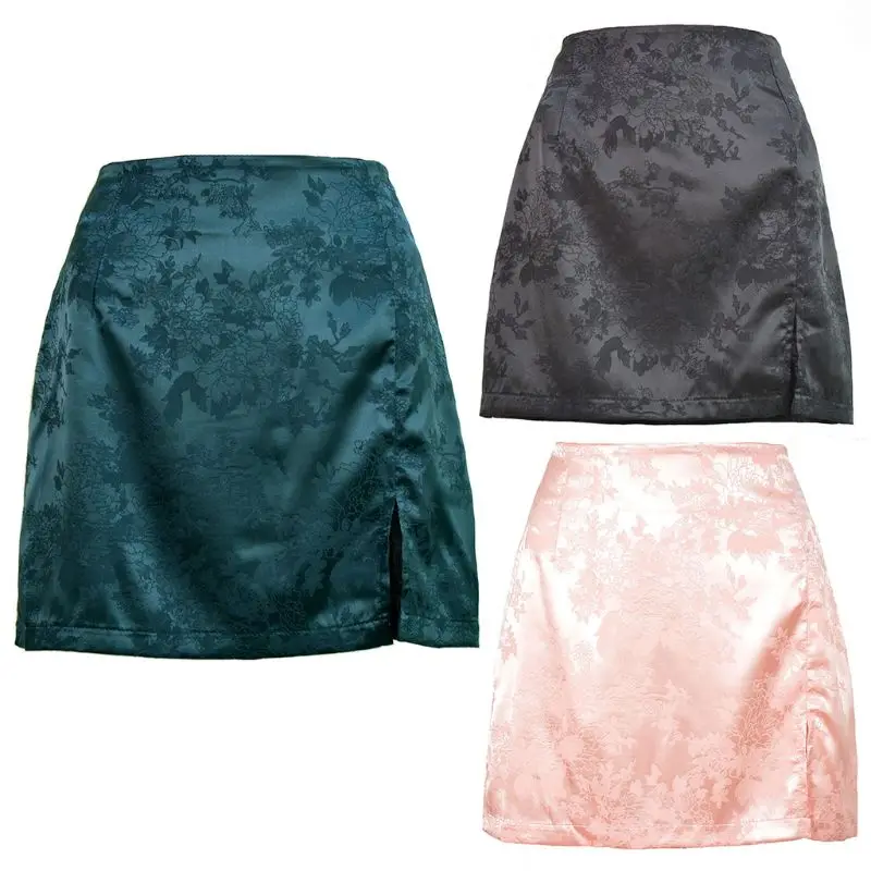 

Women Summer Vintage Floral Jacquard Satin Short Mini Skirt with Zipper High Waisted Sexy Side Split A-Line Slim Fit Beach Party