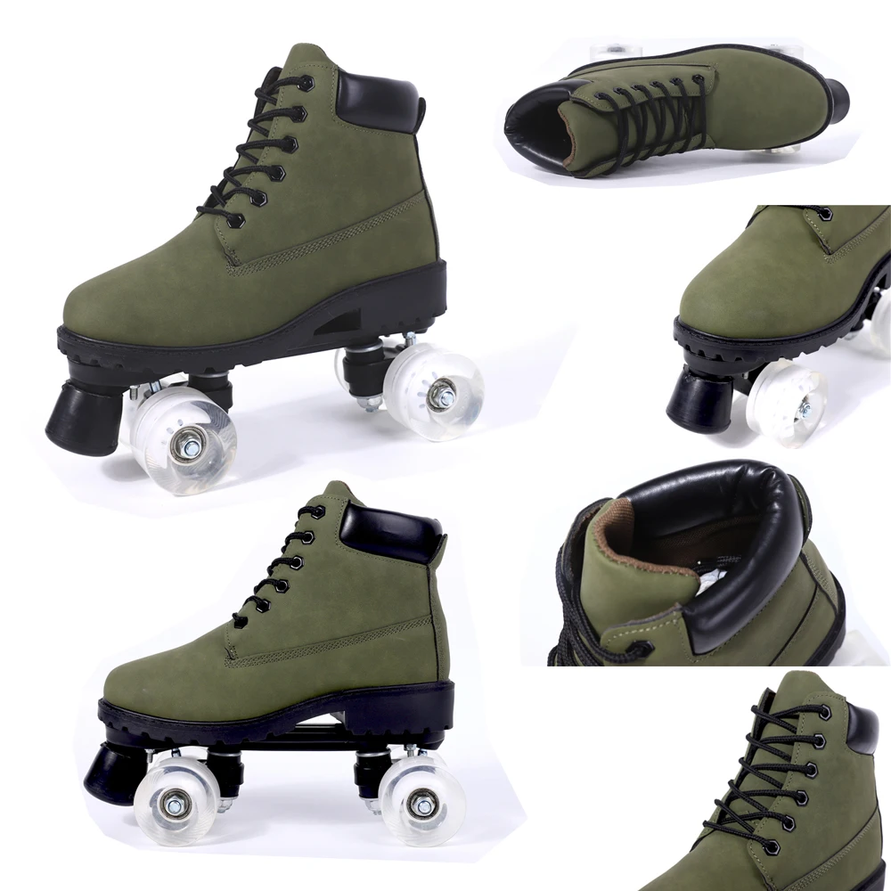 Женские роликовые коньки из экокожи зеленый цвет 4 колеса патины два ряда для