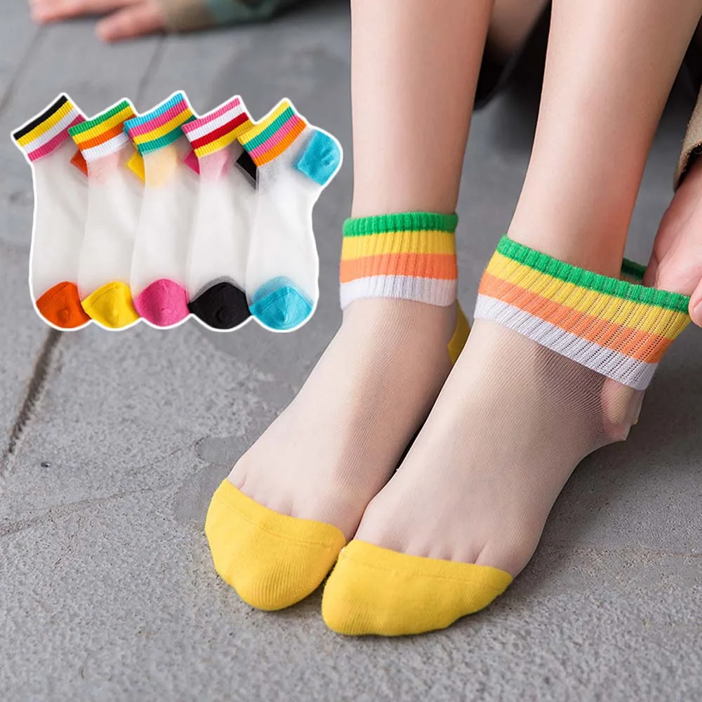Женские летние носки в радужную полоску прозрачные невидимые модные