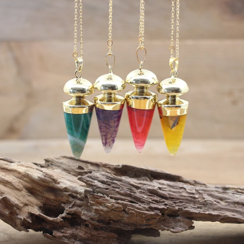 

Natural Agates Bullet Shape Necklace Pendant,Gold Plating Chain Point Pendulum Gemstone Onyx Healing Reiki Women Jewelry,QC3154