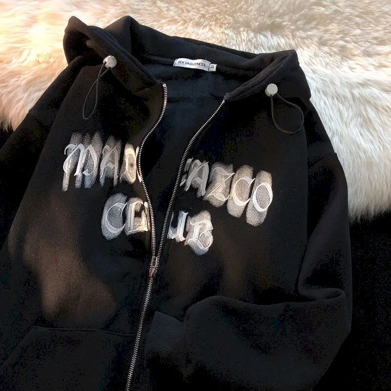 

Женские толстовки большого размера с капюшоном на молнии, свитшоты с вышивкой, кардиган с бархатной подкладкой, Осень-зима 2021, свободный Уни...