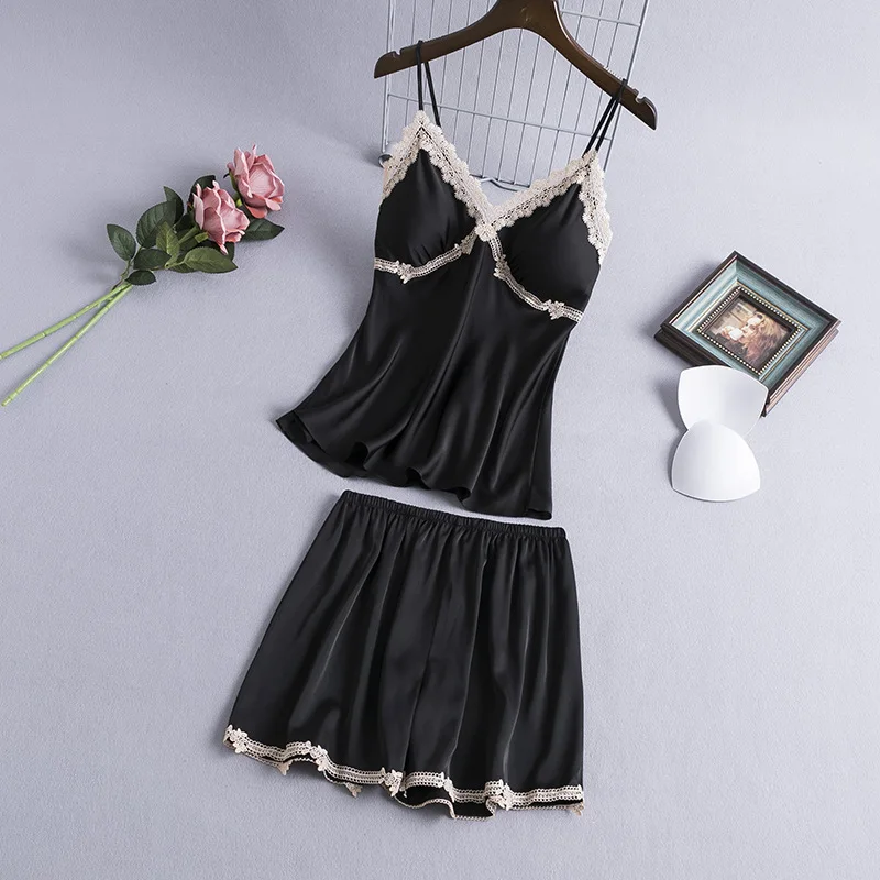 

Two Piece Set Thin Lace Home Wear 2021 Sexy Suspender Pajamas Shorts With Chest Pad Summer Ice Women's Pajamas