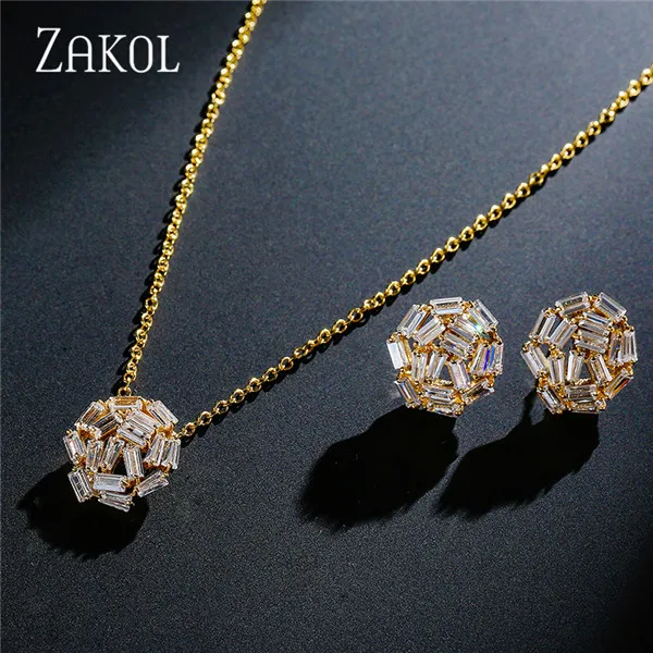 Gold Color ZAKOL Свадебные ювелирные изделия цвета розового золота с AAA кубическим цирконием ожерелье/серьги Ювелирные наборы для женщин Aretes FSSP342 - Окраска металла: Gold Color