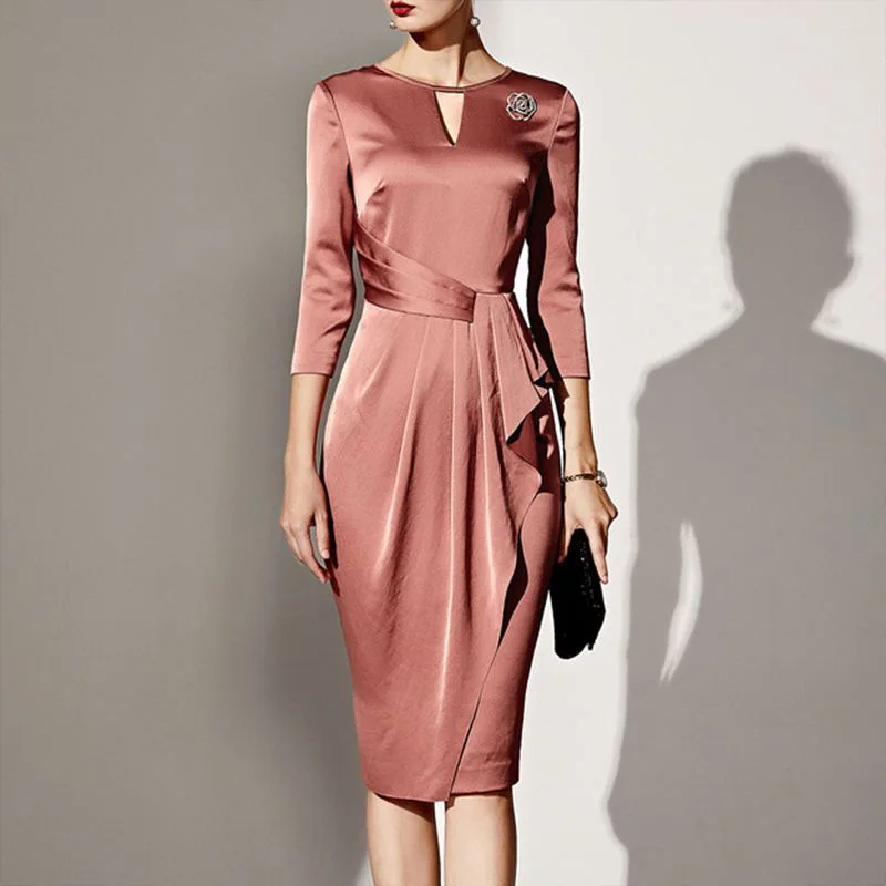 

Women Vintage Sashes Satin Slim Mid Dress Long Sleeve Solid O Neck A Line Simple Casual Dress 2021 spring summer New Women Dress