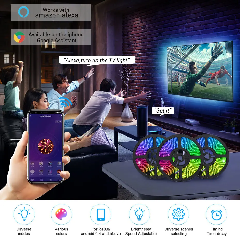 

Tuya with Alexa Google Smart LED Strip Lights RGB Voice Remote Control 30led/m Color Changing 12V 5050 Work with DC SMD5050 Wifi