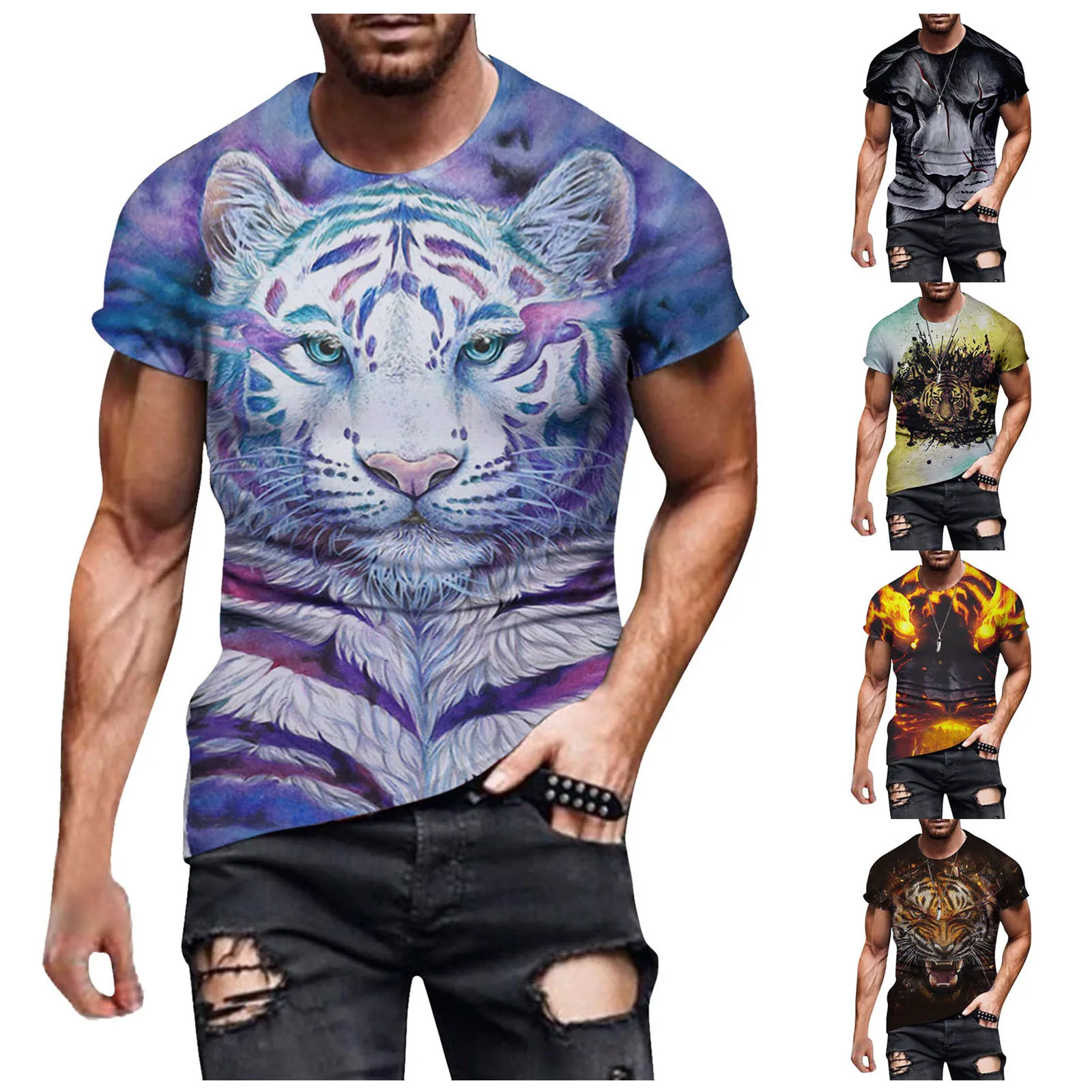 

2021 New Summer Fashion Casual Short Sleeves 3D Lion T-Shirt Men Animal T-Shirt Fun Slim 3D Printed T-Shirt Summer Tops