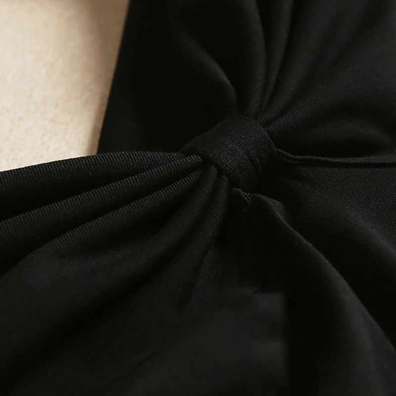 

ECRURANI Casual Black T Shirt For Women V Neck Short Sleeve Hollow Out Bowknot Slim Solid Ruched T Shirts Female Summer Clothing