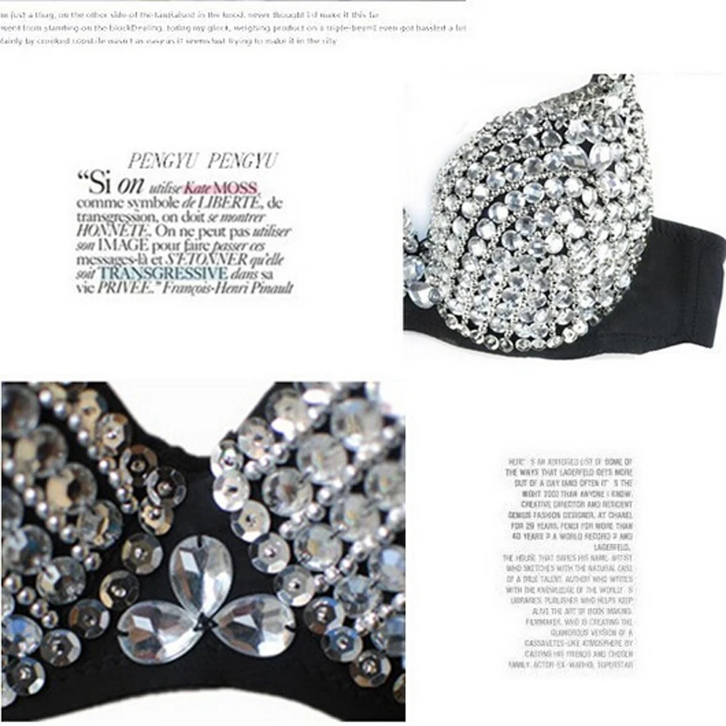 

Sexy Bra Women Push Up Luxury Handmade Sequined Bra Lady Silver Punk Style Studded Sponge Bras For Show Party