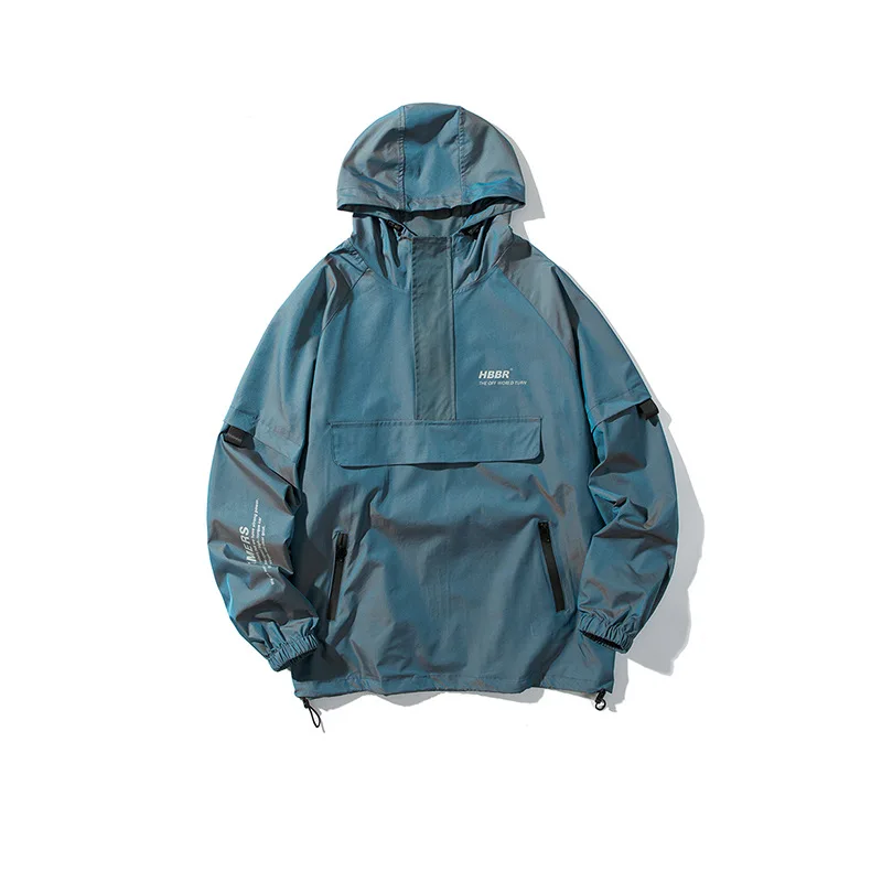

Reflective Japan Style Men Hoody Cargo Thin Jackets Streetwear Loose Casual Outerwear Coats Hip Hop Windbreaker Male Pullover