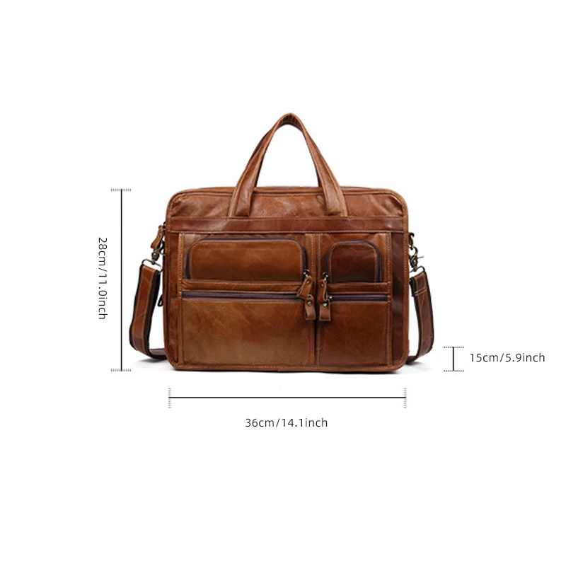 Men's Genuine Leather Bag Briefcase Shoulder Crossbody Larger Capacity Office Travel Business Cell Phone Documents Storage Pouch