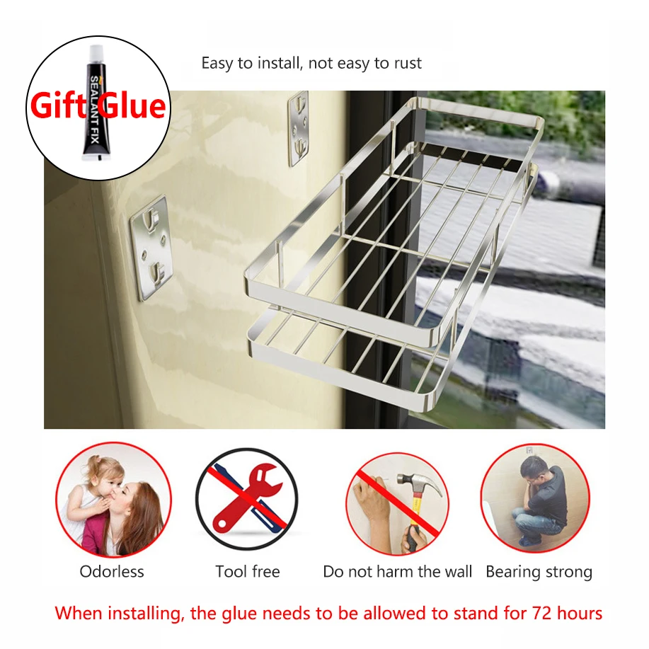 

Kitchen Wall Shelf Storage Organizer Shelf Spice Rack Punch Free Stainless Steel Storage Shelves Rack for Kitchen Bathroom