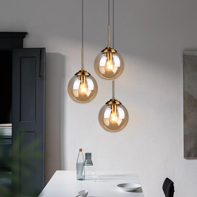 

Ball Chandelier Soot Bulb Kitchen Dining Bedside Living Room Chandelier Transparent Minimalist Glass Modern Golden Iron