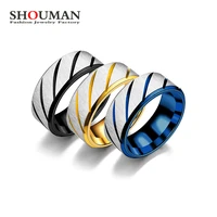 shouman 8mm wheel twill circle blue gold stainless steel ring for men women custom engrave lover couple wedding charm jewelry