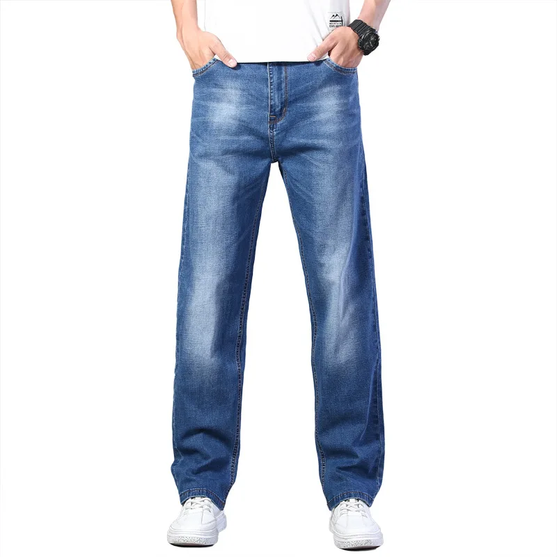 

Summer lightweight straight jeans men's loose stretch men's jeans simple large size