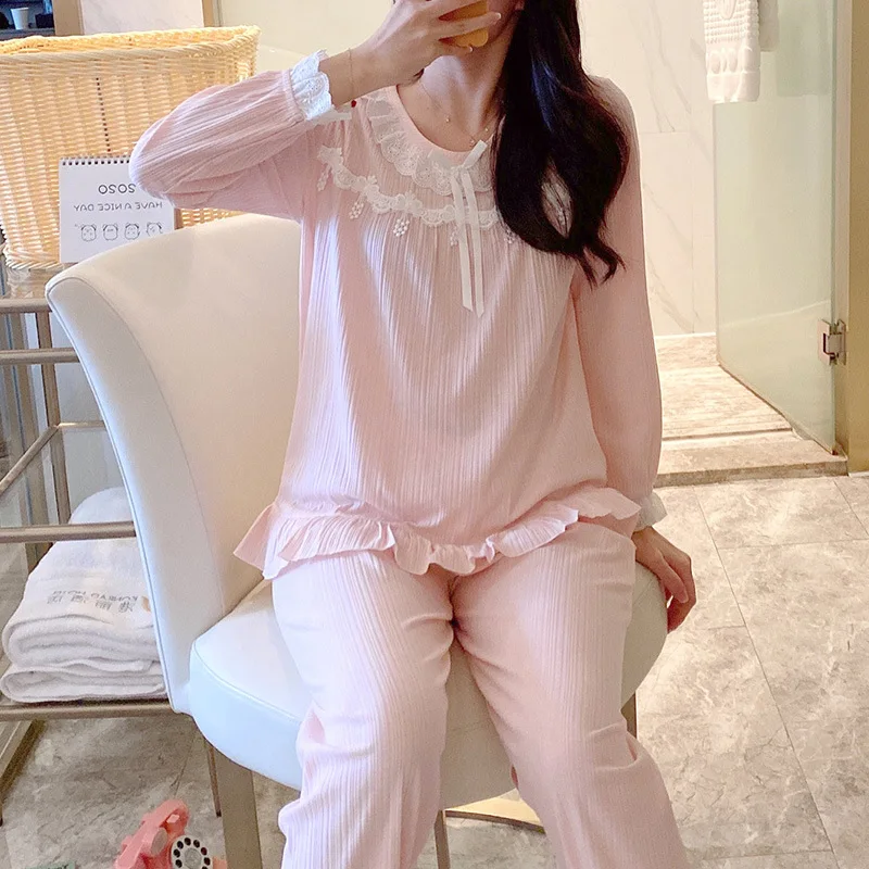 

Spring Autumn New Pajamas Women's Pure Cotton Princess Style Long-sleeved Lace Sweet Student Korean Suit Pijama Invierno Mujer