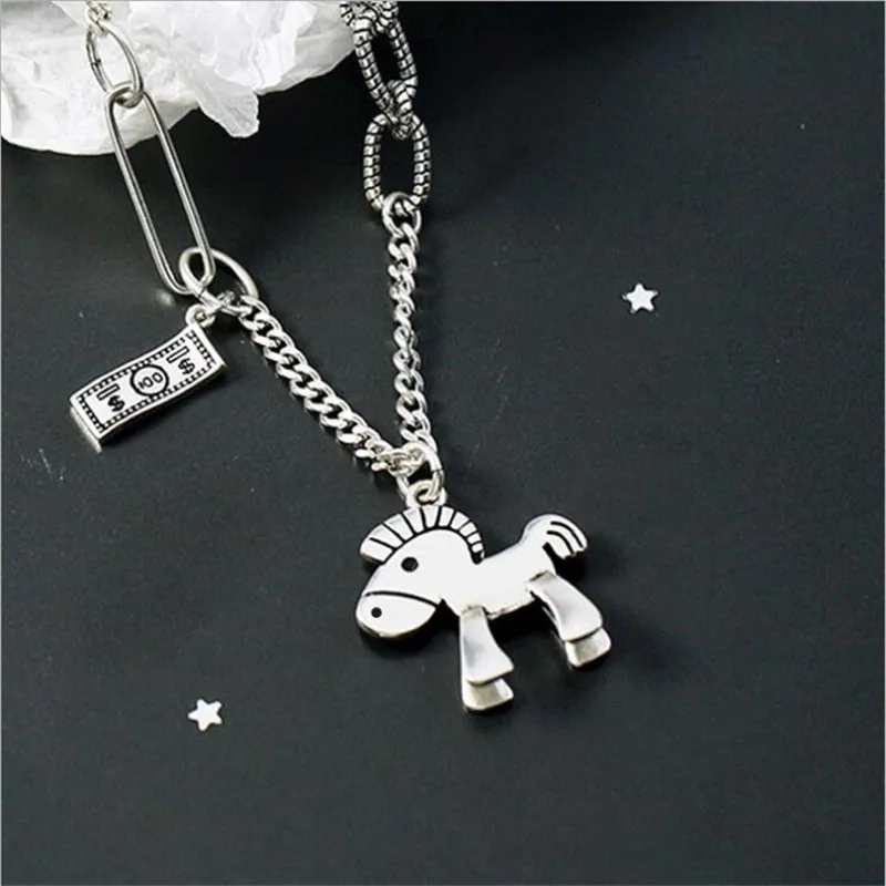 

New Creative Retro Money 925 Sterling Silver Jewelry Personality Animal Pony Clavicle Chain Horse Pendant Necklaces H259