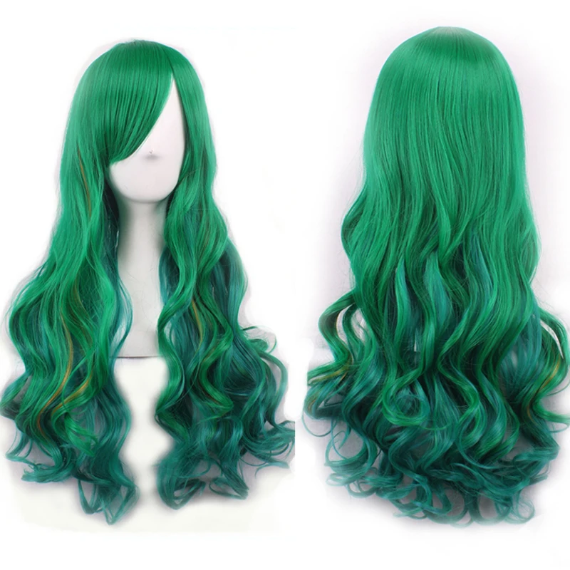 WoodFestival Green Synthetic Long Hair Wavy Wig With Bangs Cosplay Wigs For Women Purple Pink Red Blue White Halloween Colored