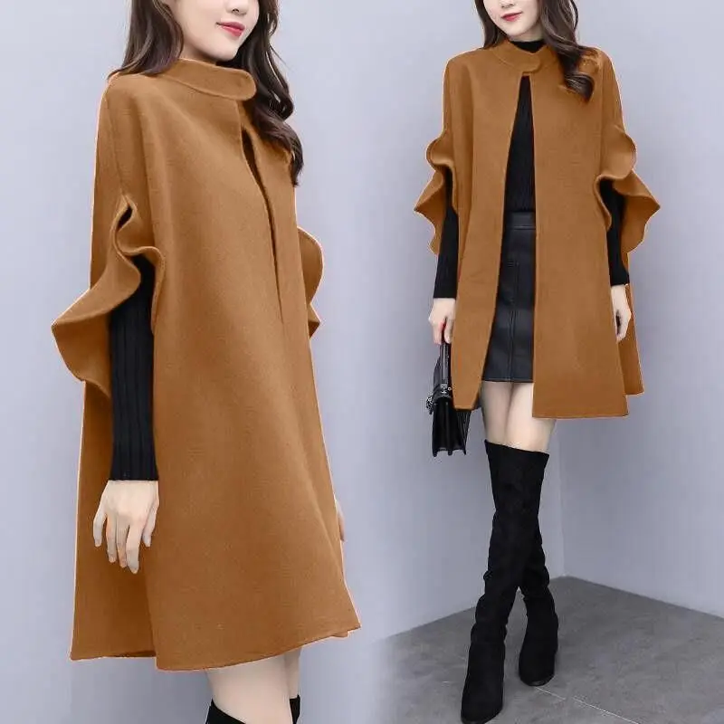 

2020 3XL Autumn Women's Shawl Cloak Ruffle Flare Sleeve Female Woolen Coats Fashion Loose Ladies Capes Long Coats Wool Jackets