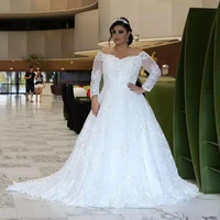 long sleeves lace wedding dresses plus size with beaded appliques off shoulder sweep train tulle a line wedding bridal gowns