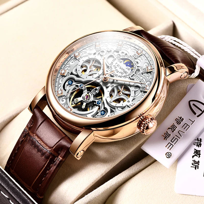 

2021 TEVISE New Mens Watch Top Brand Luxury Business Automatic Mechanical Watches For Men Fashion Leather 50M Waterproof Watch