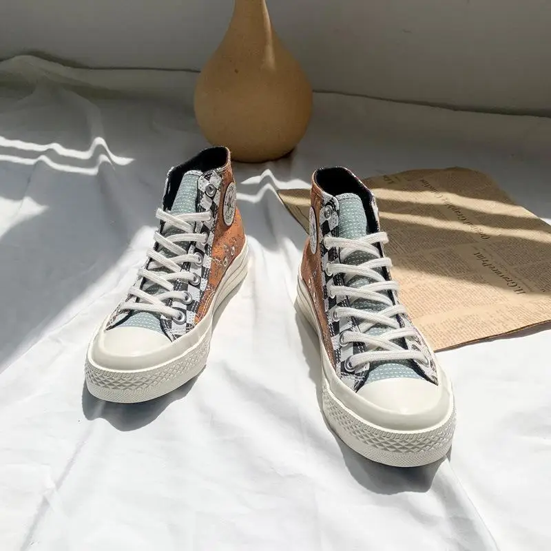 

2021 autumn new cashew flower trend high-top canvas shoes Korean female plaid retro all-match student board shoes