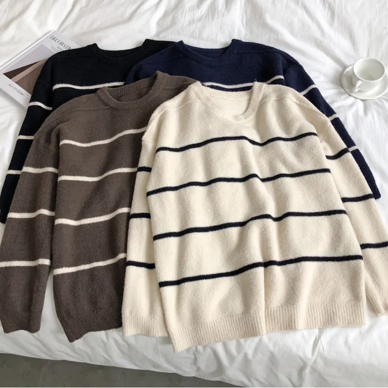 

Autumn and winter women's casual striped round neck long sleeve loose sweater
