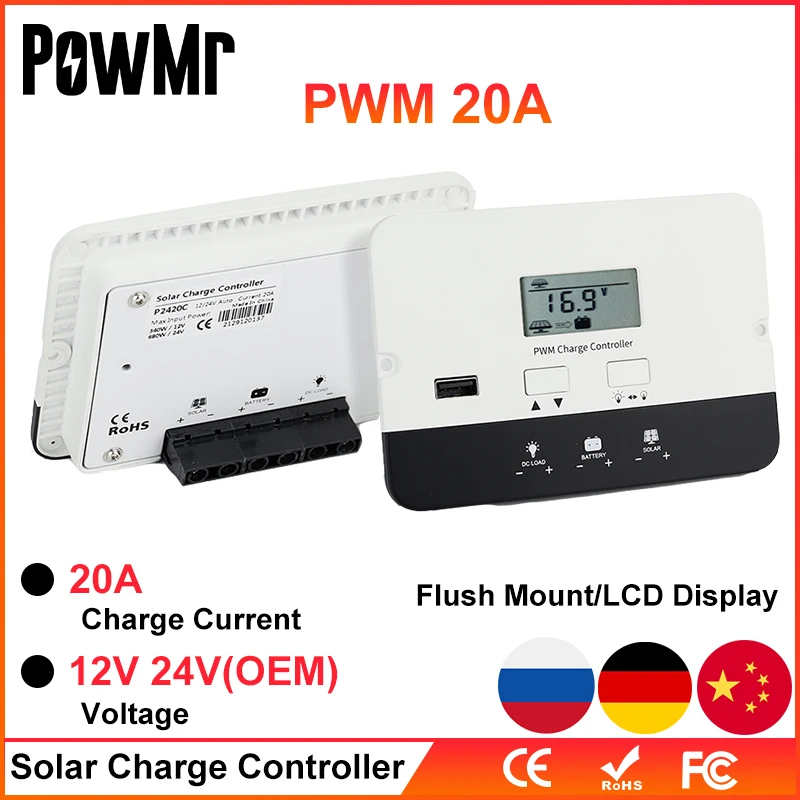 

Контроллер заряда солнечной батареи PowMr PWM 20A, утапливаемая панель солнечной батареи, интеллектуальный автоматический регулятор 12/24 в, ЖК-ди...