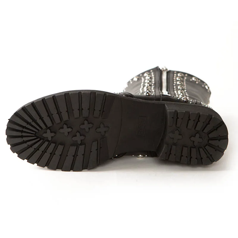 

2021 New Women Rivet Punk Motorcycle Boots Genuine Leather Black Female Shoes Rock Zipper Mid Calf Block Med Heel Boots