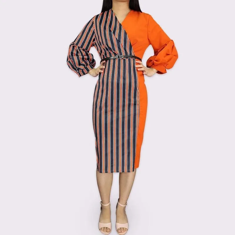 

Office Lady African Clothing Female Colorblock Stripe Women Africa Dress Plus Size Fashion Long Sleeve Belted Autumn Dress Woman
