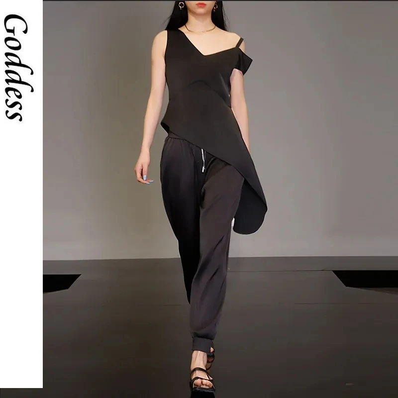 

Plus Size Acetate Satin High-waisted Footwear Pants Women's Black Spring and Summer New Korean Drawstring Casual Harem Pants