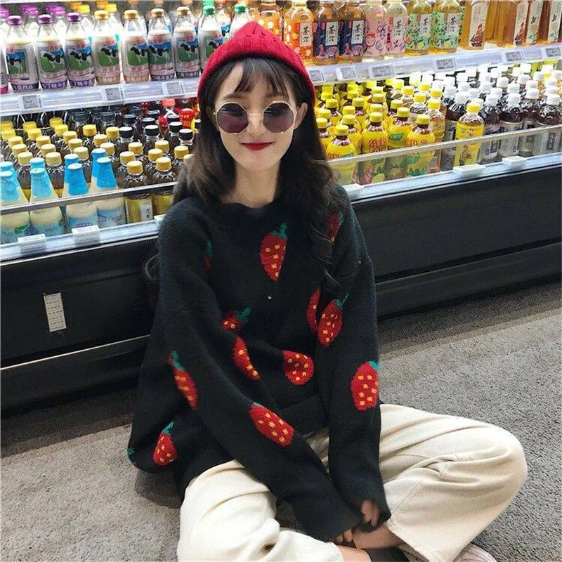 Cute Korean Fashion Ladies Full Sleeve Women Knitting Sweater O-Neck Pullover And Jumper Loose Fruit Print | Женская одежда
