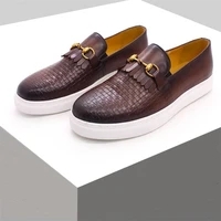 mens genuine leather casual shoes metal buttons woven patterns handmade loafers mens dating luxury banquet shoes
