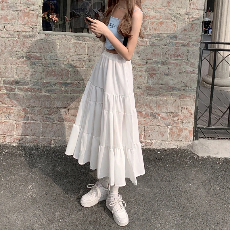 

Pleated Long Skirt Women Summer Elastic High Waist Midi Skirt Female Patchwork Ruffle Sweet Cake Skirts Student Fall Falda Mujer