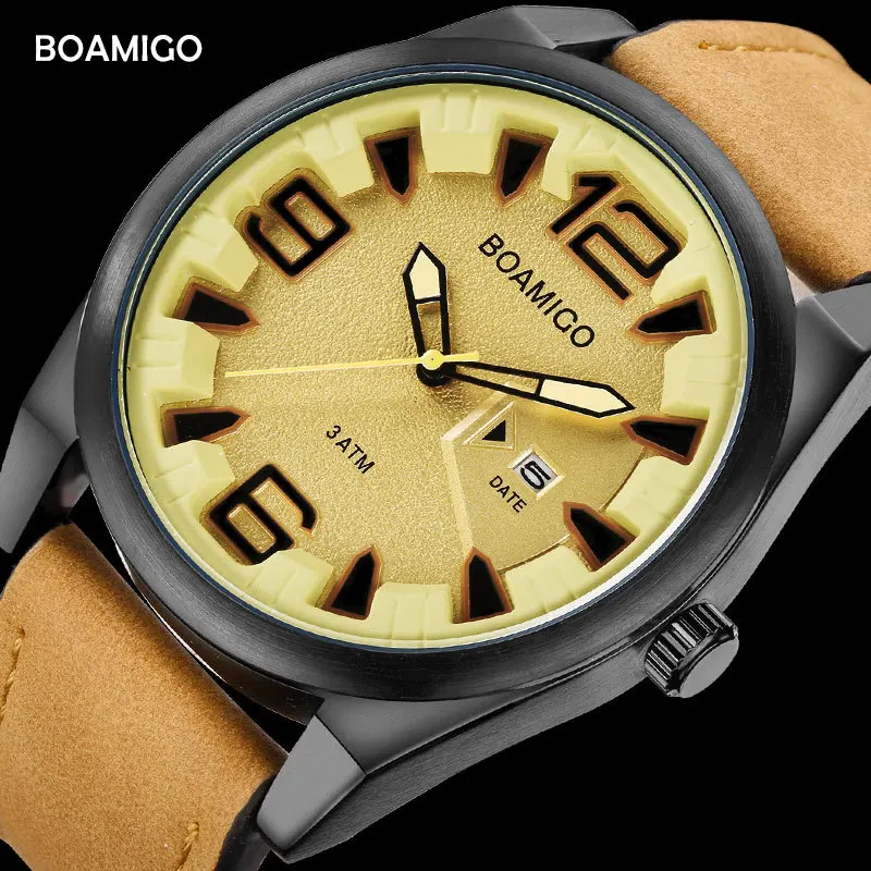 

BOAMIGO Leather Mens Watches Sports Casual Quartz Wristwatches Waterproof Analog Big Date Clock Watch relogio masculino time new