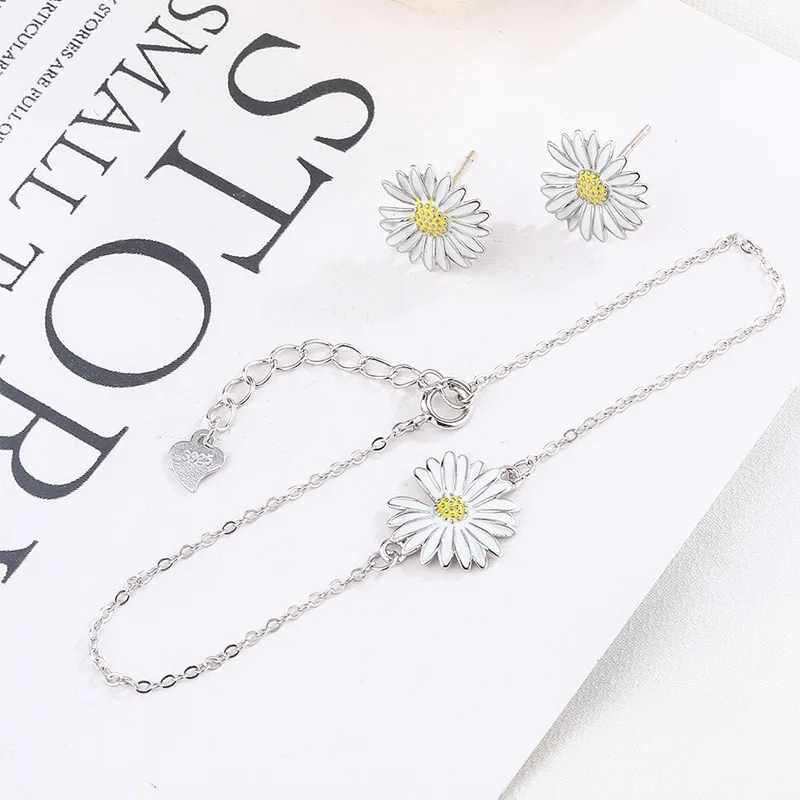 JrSr новый 100% 925 Стерлинговое Серебро ромашка браслет бусы и серьги из натурального