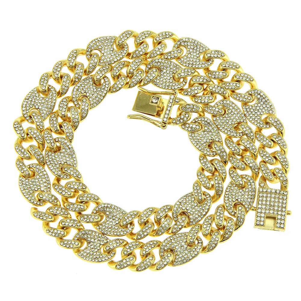 

Hip-hop 13mm Wide Coffee Beans Cuban Chain Full Iced Out Rhinestone Necklace for Men Women Jewelry