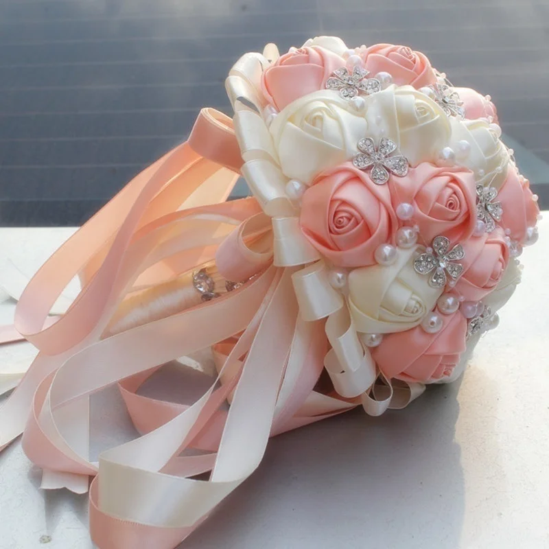 

Pink Ivory Champagne Satin Rose Festival Stitch Bouquets Custom Ribbon Wedding Bridal Bouquet Flowers Color Option