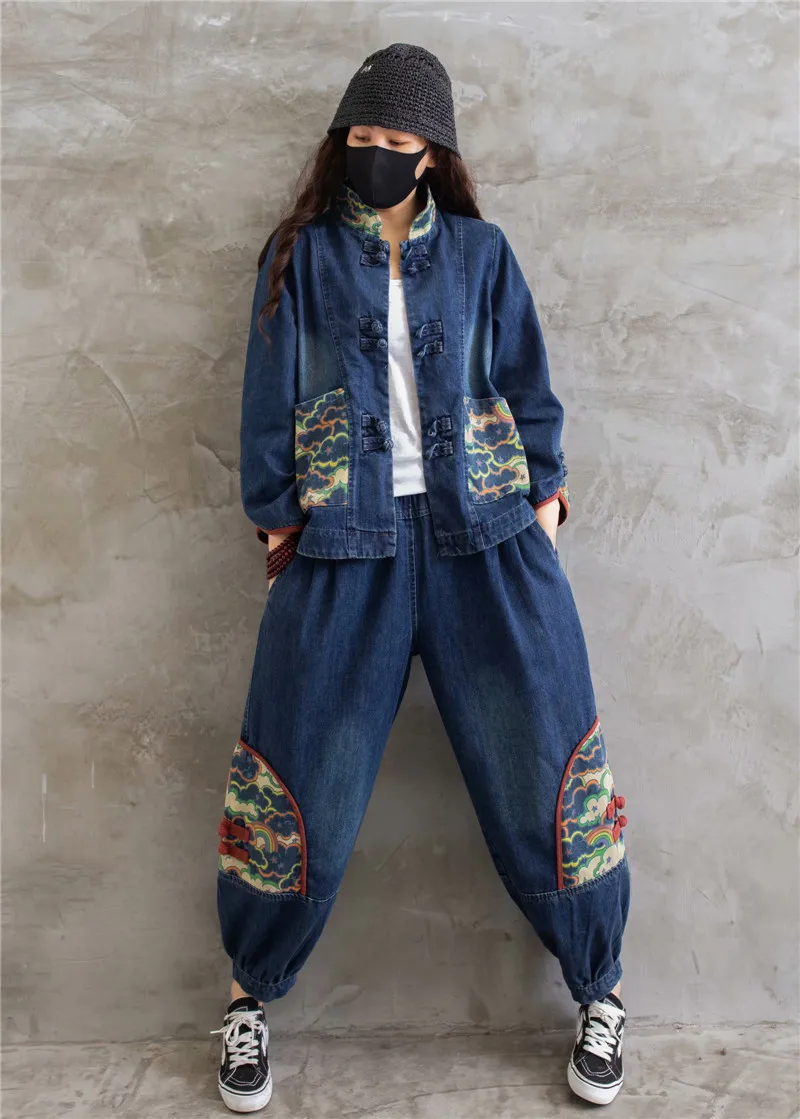

Spring new style stitching printing buckle denim coat women's national style Elastic Waist Wide Leg Pants Suit women